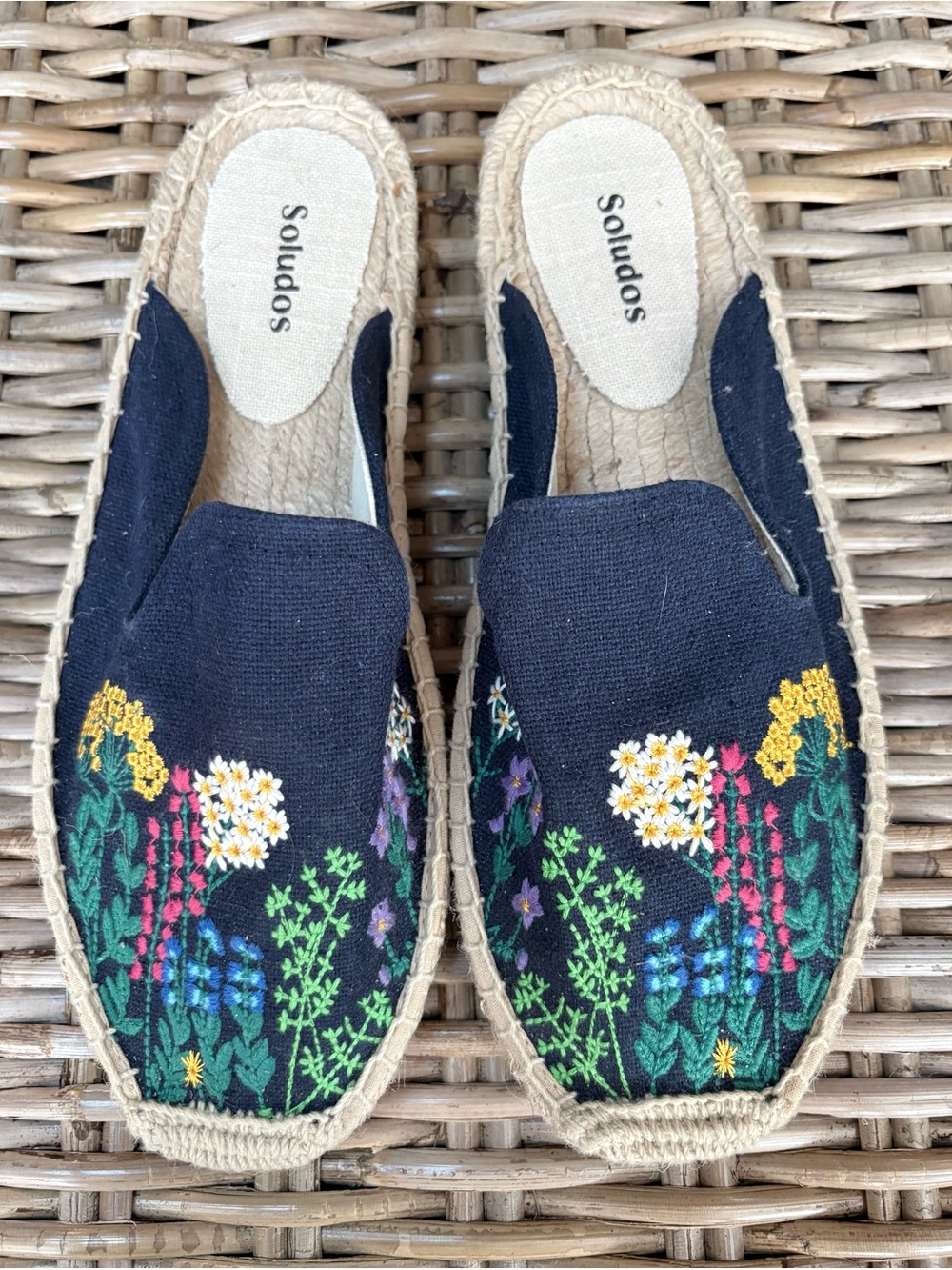Soludos Navy Floral Embroidered Espadrille Mules
